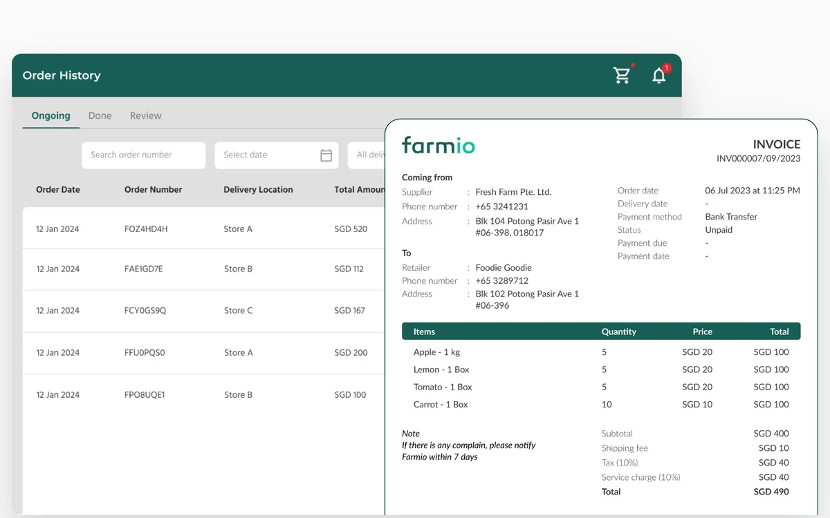 Farmio merchant portal with order history and an invoice