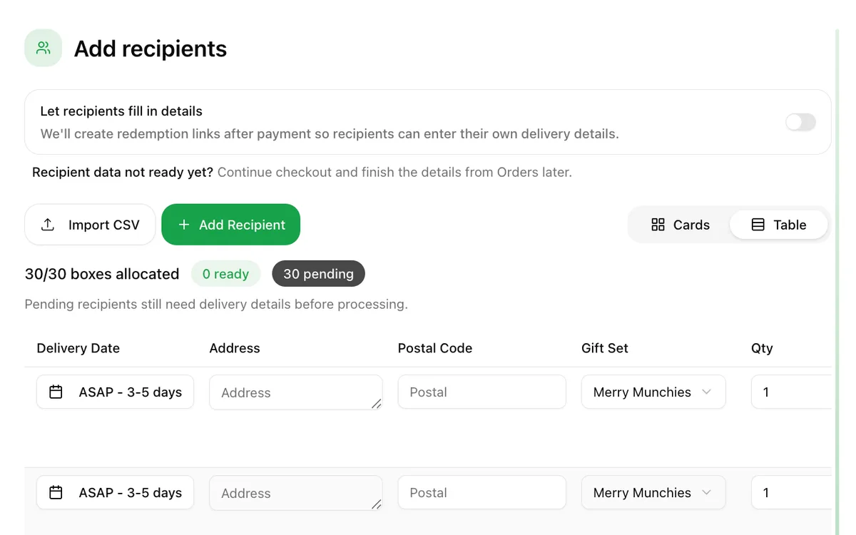 Gift Management checkout step allocating gift boxes to recipients