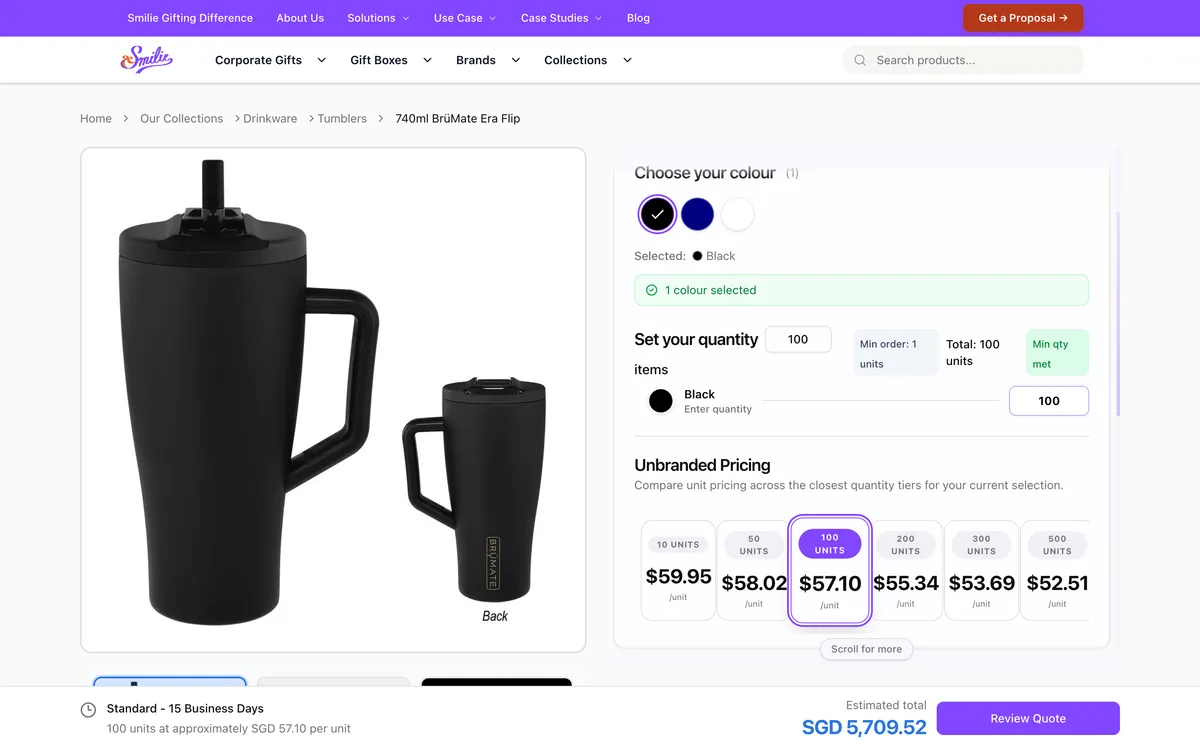 Smilie product page with quantity-tier pricing and a live quote total